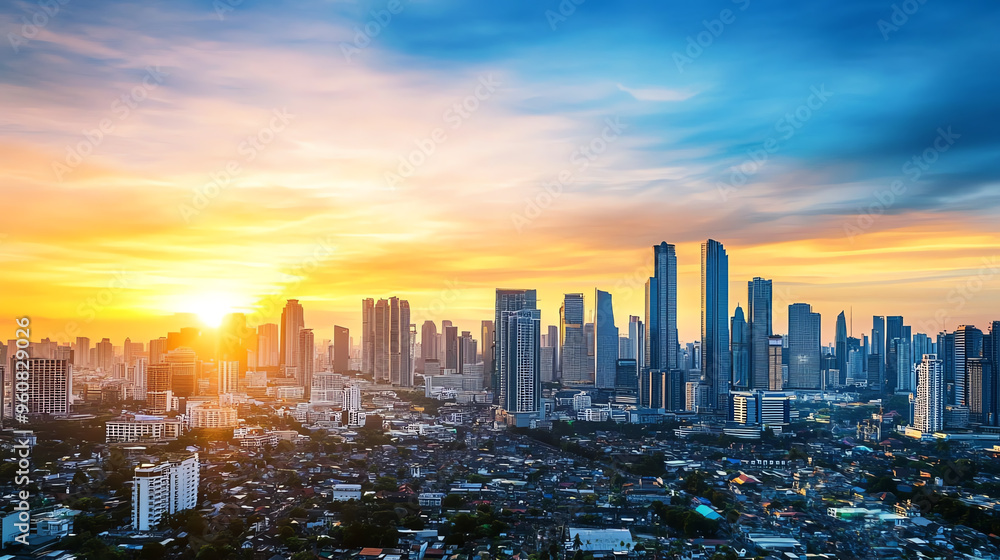 Obraz premium Stunning city skyline at sunset, showcasing towering buildings against a vibrant sky filled with colorful clouds.