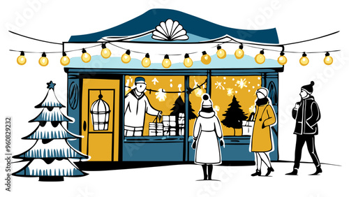 Charming illustration of a Christmas market shop with shoppers and holiday lights