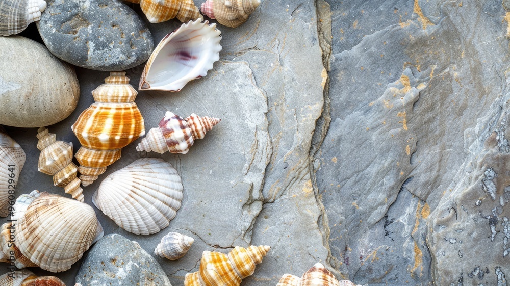 Various seashells on textured rocky surface Various seashells on textured rocky surface