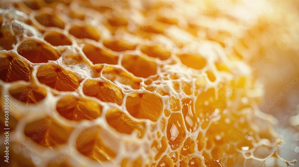 Close-up of honeycomb with golden honey oozing from hexagonal cells in warm sunlight Close-up of honeycomb with golden honey oozing from hexagonal cells in warm sunlight