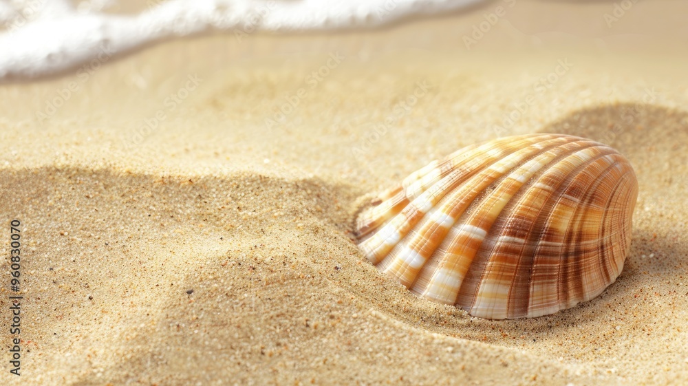 Seashell resting on sandy beach with seafoam in background Seashell resting on sandy beach with seafoam in background