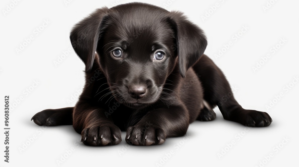 A cute black puppy lying down with a curious expression on white background 
