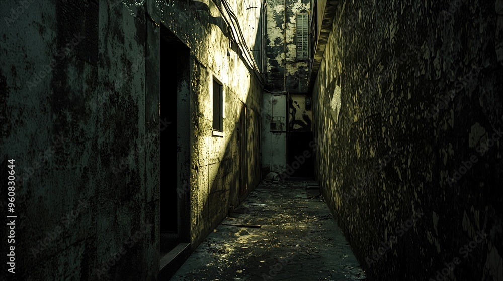 The image depicts a narrow, dimly lit alleyway between two buildings. The walls of the alley are covered in peeling, worn paint, suggesting a lack of maintenance and an overall sense of decay. Sunligh The image depicts a narrow, dimly lit alleyway between two buildings. The walls of the alley are covered in peeling, worn paint, suggesting a lack of maintenance and an overall sense of decay. Sunligh