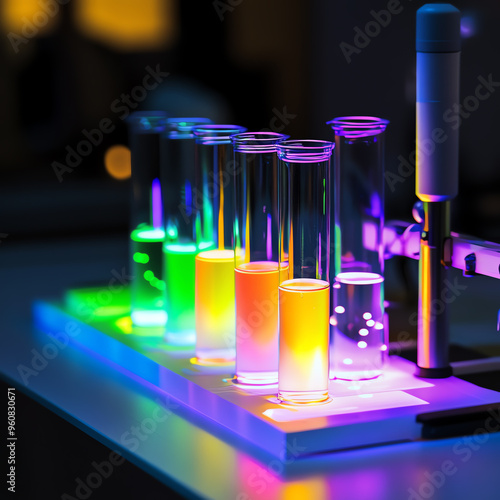 Vibrant test tubes filled with glowing liquids, showcasing colorful chemistry experiments in a laboratory setting.