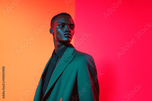 Mens Dark Green Suit with Neon Coral, Lifestyle Portrait, Fashion Background, Modern and Stylish, Perfect for Trendsetters