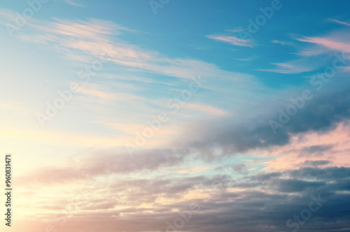 Sunset sky background in vivid tones, dramatic panoramic sunset sky with fluffy clouds, sunset sky landscape