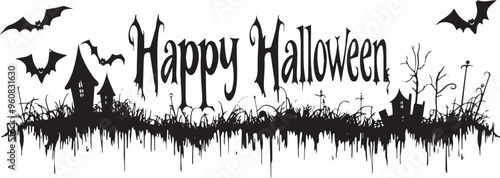 Happy Halloween vector text banner on a transparent background. Featuring black bats, witch and cobwebs suitable for placing over Halloween cards, social media and poster designs.