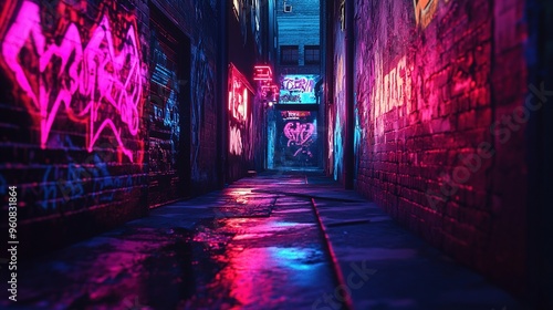 A narrow urban alleyway with dark, moody lighting. The walls on both sides are covered with vibrant neon graffiti, painted in shades of pink, red, and blue. The ground is uneven and appears wet, refle photo