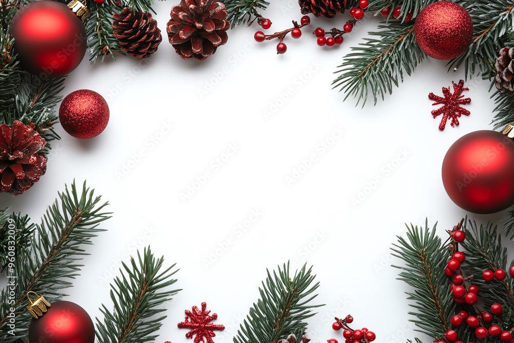 Christmas decorations with pine branches and ornaments, empty space for text, Christmas card Christmas decorations with pine branches and ornaments, empty space for text, Christmas card