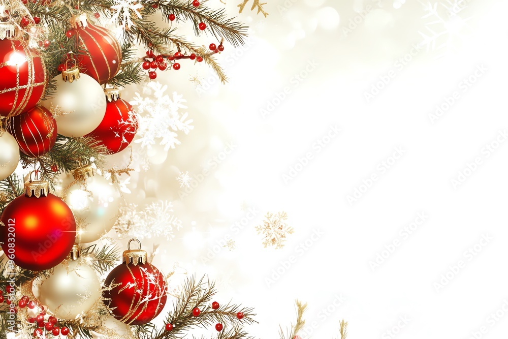 custom made wallpaper toronto digitalChristmas decorations with pine branches and ornaments, empty space for text, Christmas card 