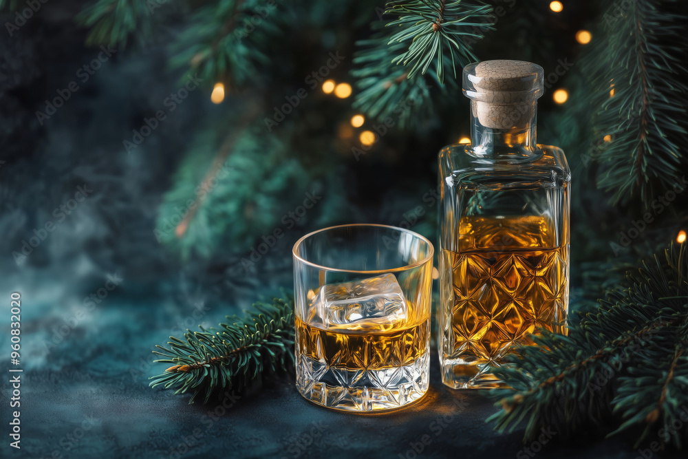 Whiskey on the rocks in a crystal bottle and crystal glass on a festive background Whiskey on the rocks in a crystal bottle and crystal glass on a festive background