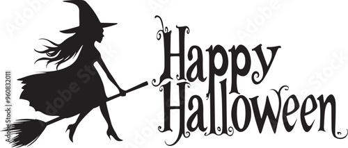 Happy Halloween vector text banner on a transparent background. Featuring black bats, witch and cobwebs suitable for placing over Halloween cards, social media and poster designs.