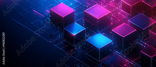 Abstract background with neon glowing cubes on a dark blue and purple color scheme