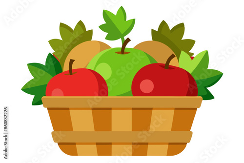 Rustic Basket of Fresh Green and Red Apples with Vibrant Leaves Farmhouse Charm photo