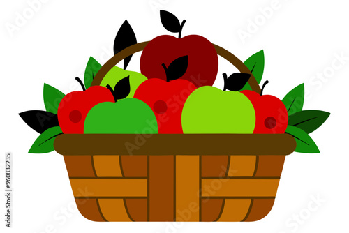 Rustic Basket of Fresh Green and Red Apples with Vibrant Leaves Farmhouse Charm photo