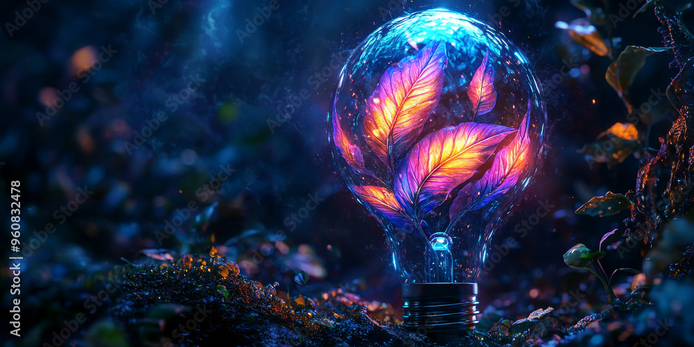 A glowing light bulb in the forest with leaves inside. A glowing light bulb in the forest with leaves inside.