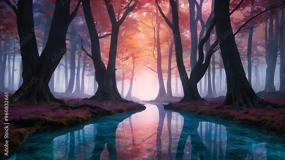 Naklejka premium Beautiful fantasy landscape of forest with long trees purple, orange, pink and blue themed over a river