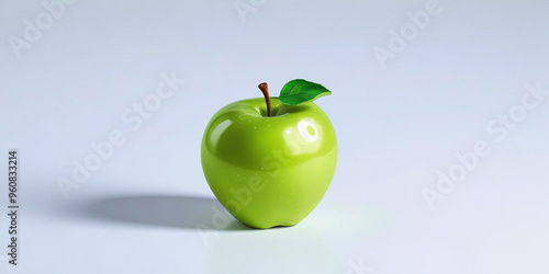 A green apple with a leaf, on a white background