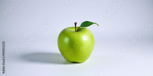 A green apple with a leaf, on a white background
