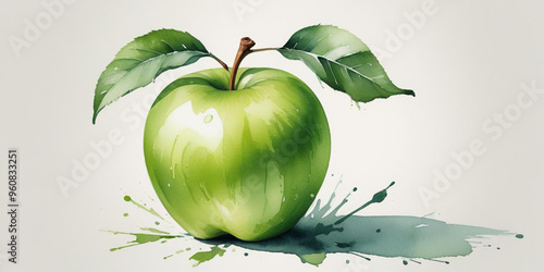 A green apple with a leaf, on a white background