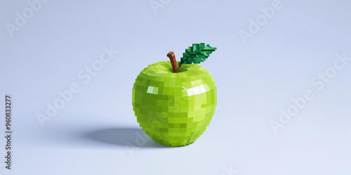 A green apple with a leaf, on a white background