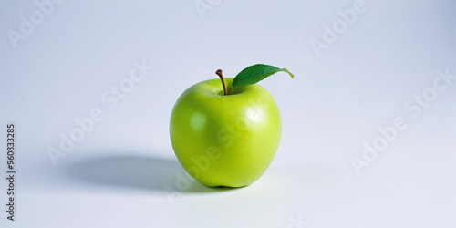 A green apple with a leaf, on a white background