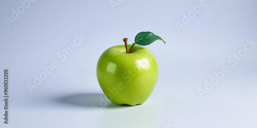 A green apple with a leaf, on a white background