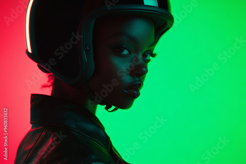 Womens Black Helmet with Solid Neon Green, Lifestyle Portrait, Fashion Background, Bold and Trendy Fashion Design