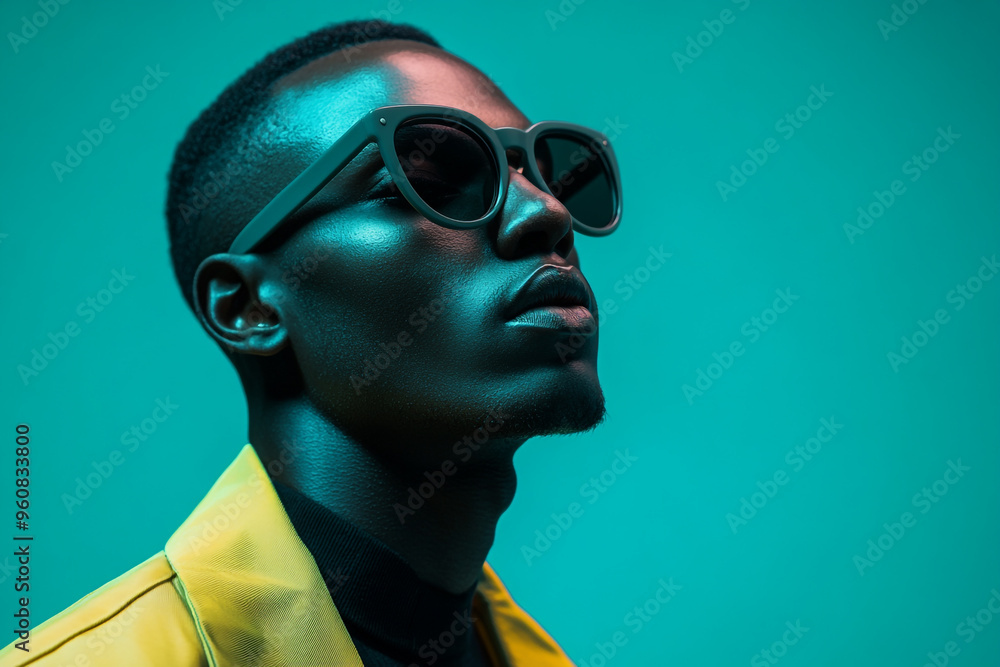 Fashionable Man in Gray Eyewear with Neon Aqua, Trendy Portrait, Modern Lifestyle Background Fashionable Man in Gray Eyewear with Neon Aqua, Trendy Portrait, Modern Lifestyle Background