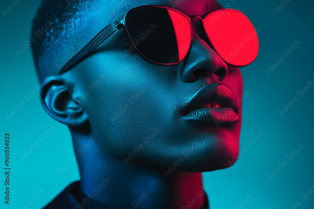 Man with Gray Face Mask and Neon Aqua Highlights, Modern Fashion Portrait, Trendy Lifestyle Background Man with Gray Face Mask and Neon Aqua Highlights, Modern Fashion Portrait, Trendy Lifestyle Background