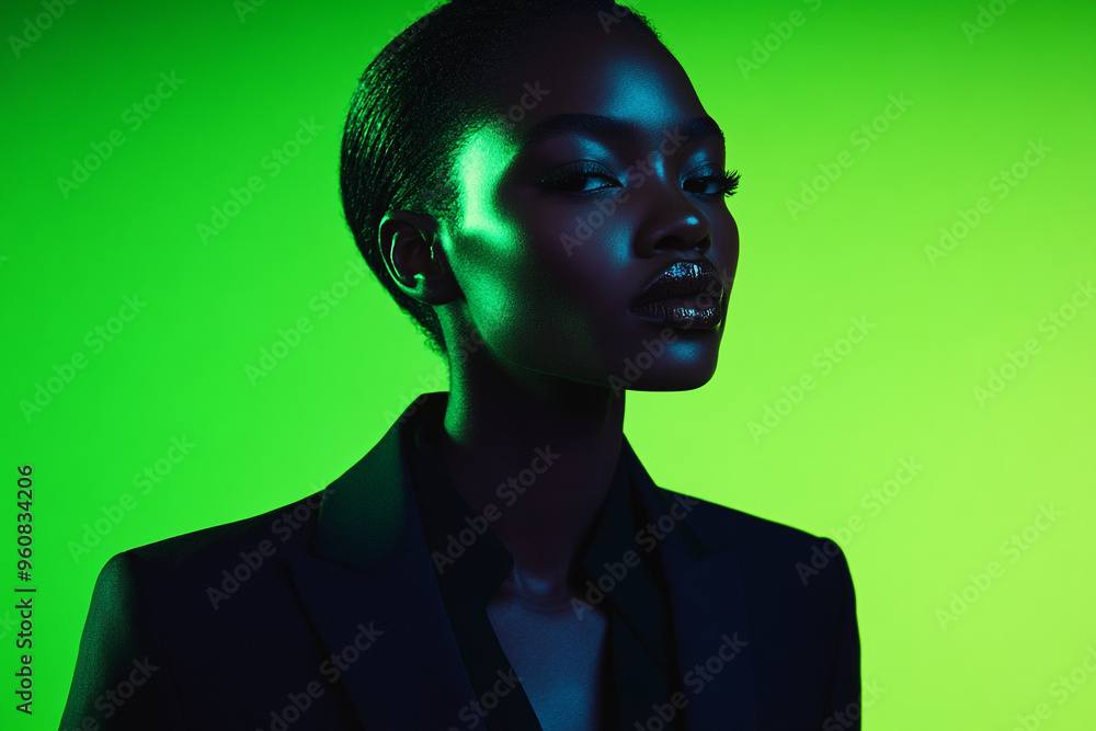 Chic Woman in Tailored Suit with Neon Green, Trendy Fashion Portrait, Contemporary Lifestyle Background Chic Woman in Tailored Suit with Neon Green, Trendy Fashion Portrait, Contemporary Lifestyle Background