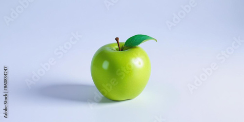 A green apple with a leaf, on a white background