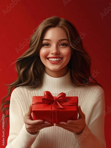 Happy smiling woman holding gift box over red background