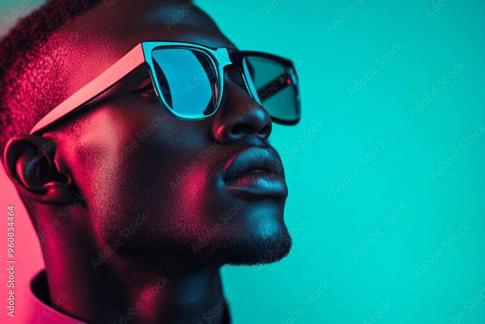 Stylish Man with Gray Eyewear and Neon Aqua Accents, Fashionable Portrait, Trendy Lifestyle Background Stylish Man with Gray Eyewear and Neon Aqua Accents, Fashionable Portrait, Trendy Lifestyle Background