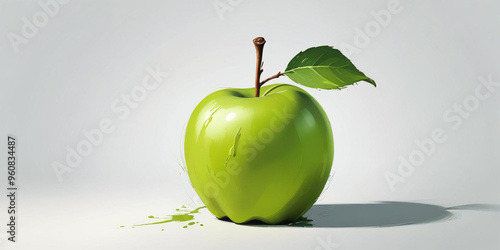 A green apple with a leaf, on a white background