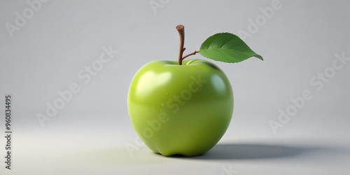 A green apple with a leaf, on a white background 