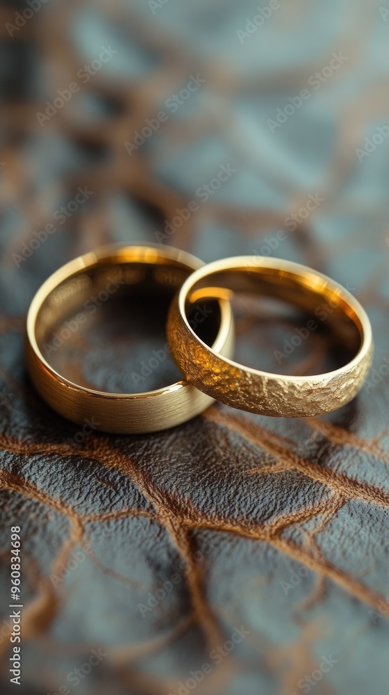 Two gold wedding bands intertwined on a textured surface. Two gold wedding bands intertwined on a textured surface.