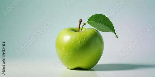 A green apple with a leaf, on a white background 