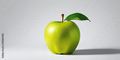 A green apple with a leaf, on a white background 