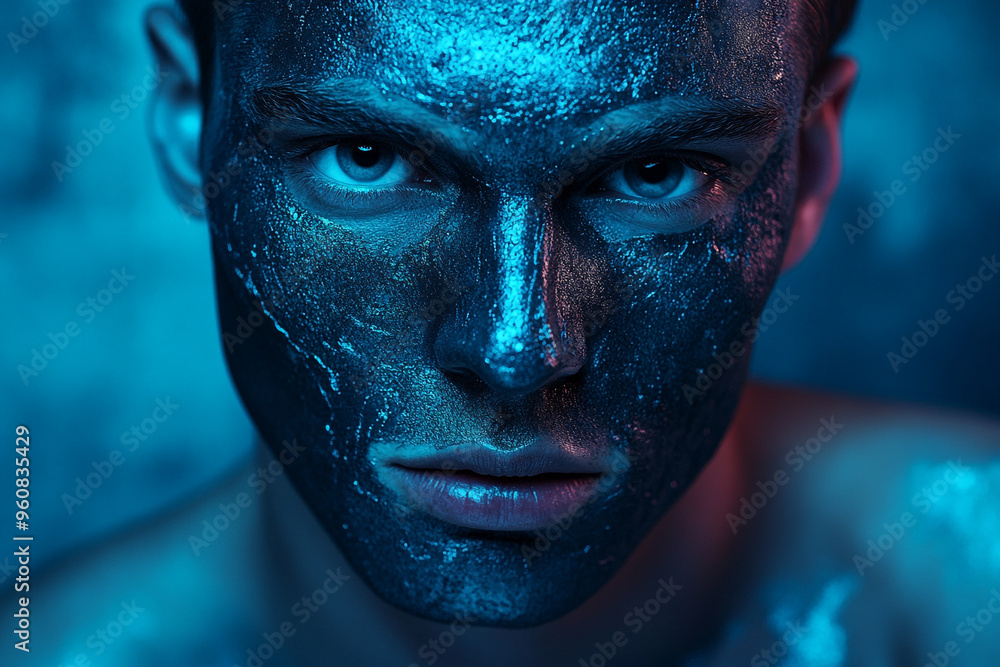 Man in Gray Face Mask with Solid Neon Aqua Highlights, Contemporary Portrait, Modern Fashion Background