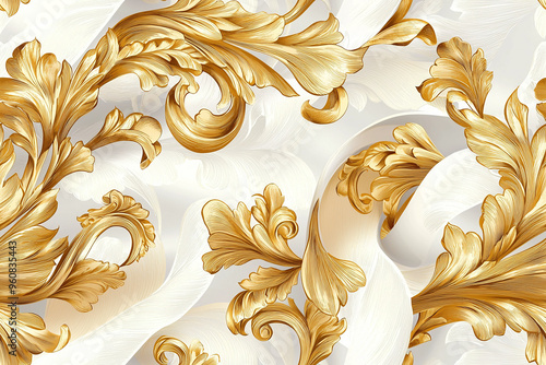 Seamless pattern of intricate baroque-inspired acanthus leaves and scrollwork in gold and cream tones photo