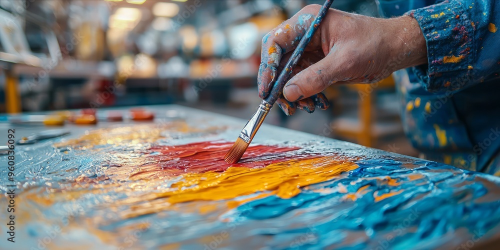 Fototapeta premium Close-up of Artist's Hand Painting a Colorful Abstract Artwork on Canvas