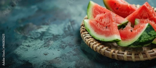 Closeup Of Some Pieces Of Refreshing Watermelon On The Rattan Plate Over Dark Background photo