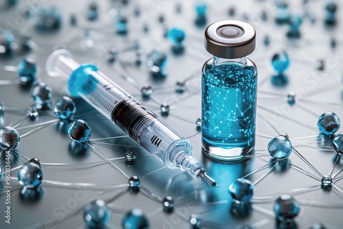 Insulin syringe and vial on futuristic network background, emphasizing advanced diabetes care photo