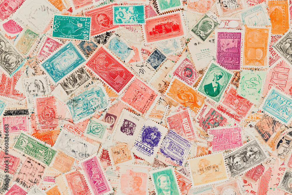 Obraz premium Seamless pattern of vintage postage stamps from around the world, slightly overlapping