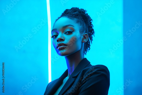 Woman in Charcoal Suit with Solid Neon Blue Accents, Modern Portrait, Trendy Background