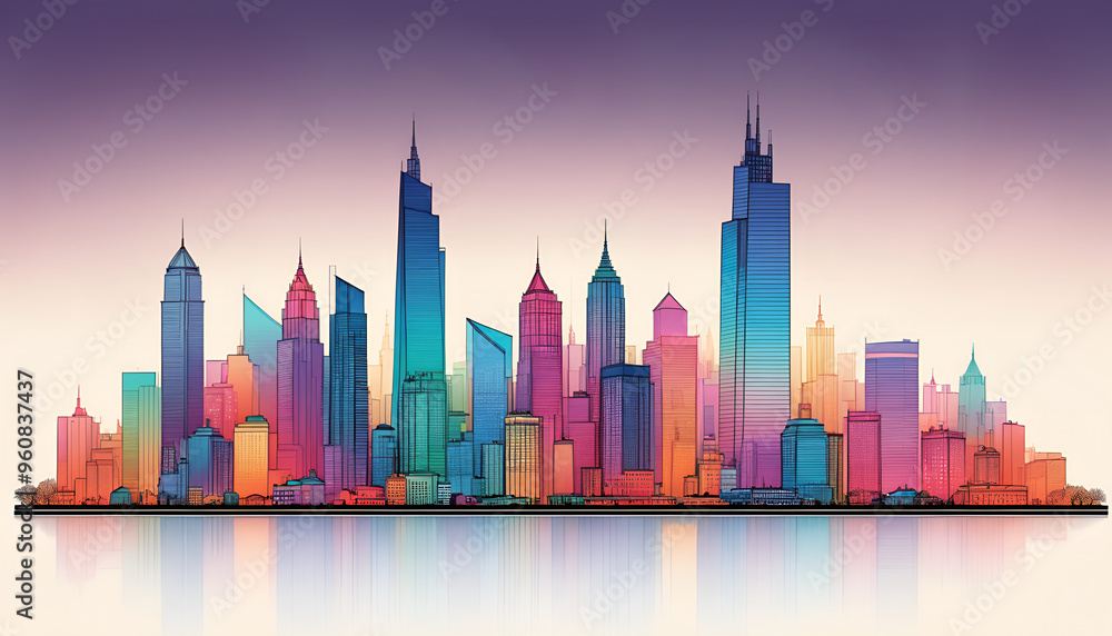 Obraz premium Illustrative color illustration of a cityscape or skyline of a distant city in a graphic style