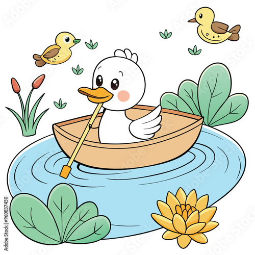 A cute duck paddles happily in a small boat while two playful birds fly nearby all set against vibrant greenery and blooming water lilies