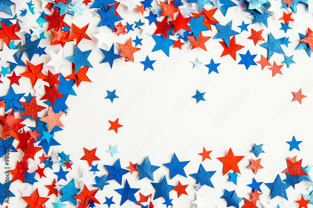 4th of July American Independence Day. Happy Independence Day. Red, blue and white star confetti, paper decorations on white background. Flat lay, top view, copy space, banner 4th of July American Independence Day. Happy Independence Day. Red, blue and white star confetti, paper decorations on white background. Flat lay, top view, copy space, banner
