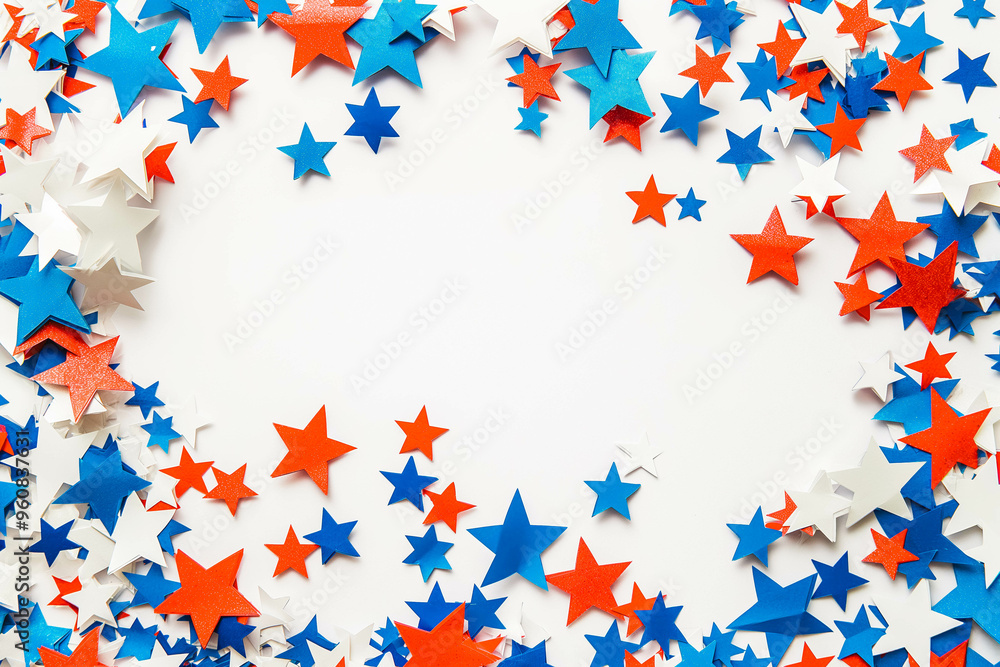 4th of July American Independence Day. Happy Independence Day. Red, blue and white star confetti, paper decorations on white background. Flat lay, top view, copy space, banner 4th of July American Independence Day. Happy Independence Day. Red, blue and white star confetti, paper decorations on white background. Flat lay, top view, copy space, banner